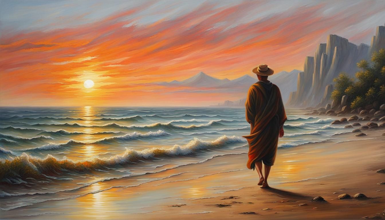 Person on Beach at Sunset: Oil Painting