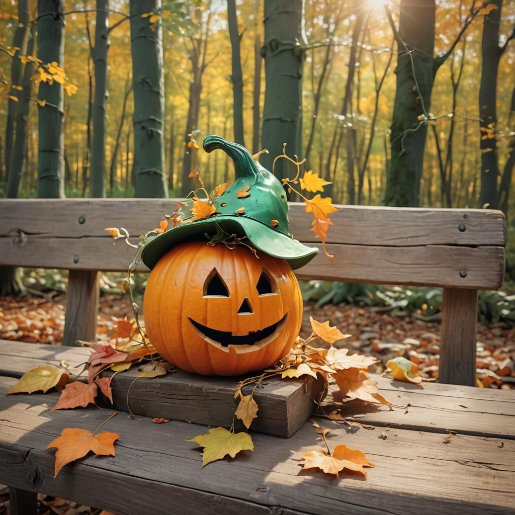 Smiling Pumpkin in Autumn Forest: Whimsical Digital Art