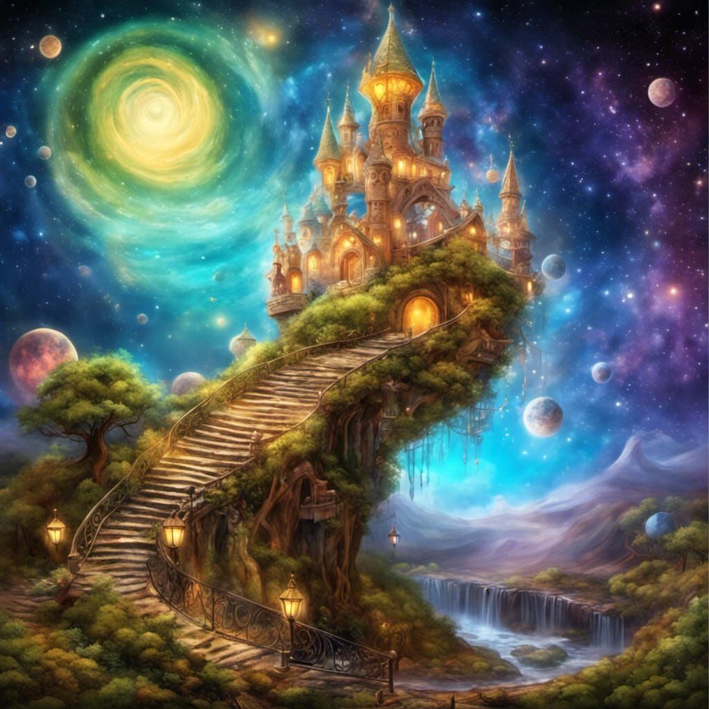 Surreal Spiral Portal with Crystal Villages