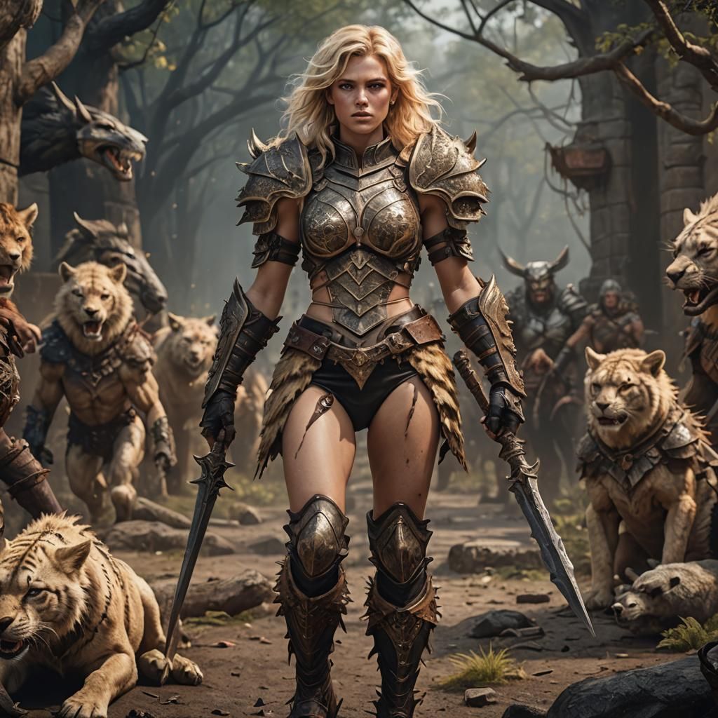 Savage Blonde Barbarian Woman in Detailed Matte Painting