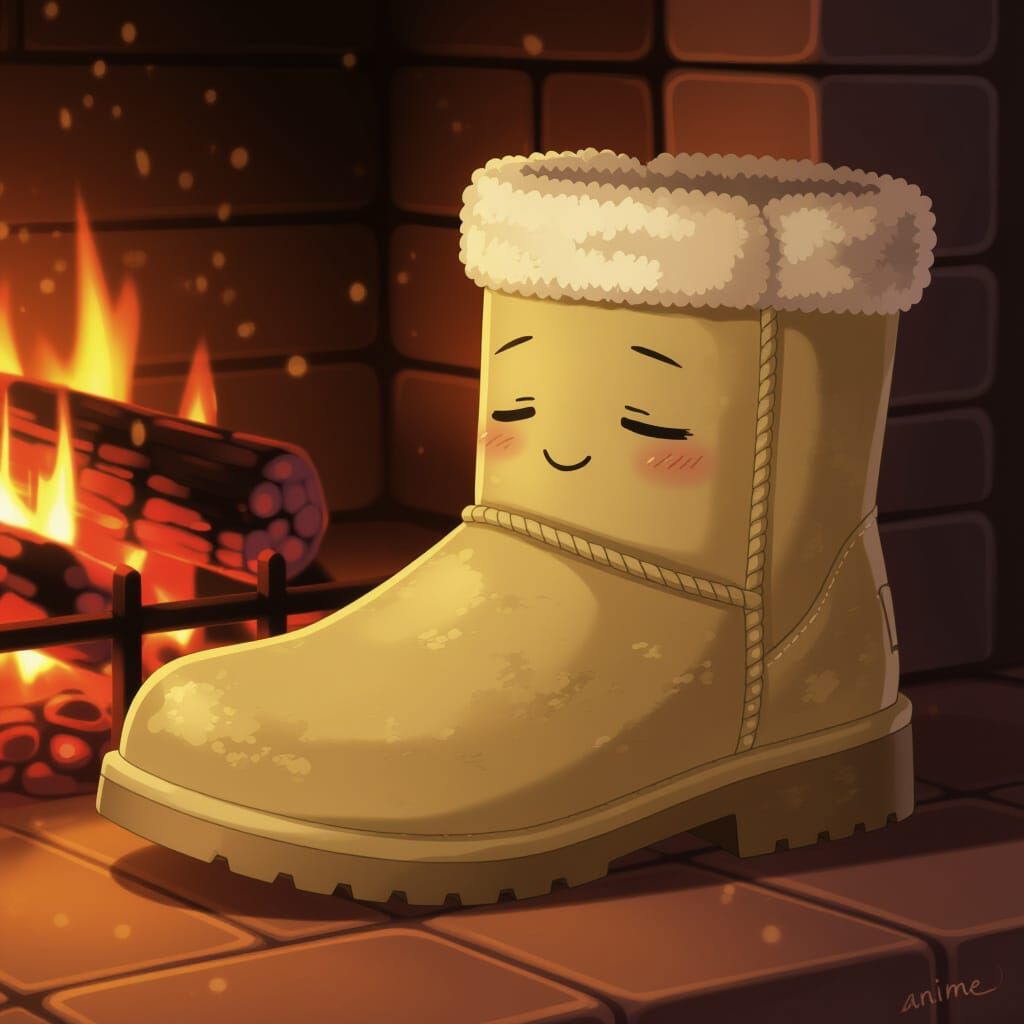 Cozy Boot Rests by Fireplace, Photorealistic Style