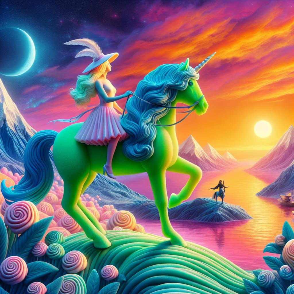 Marshmallow Lady on Horseback at Sunset