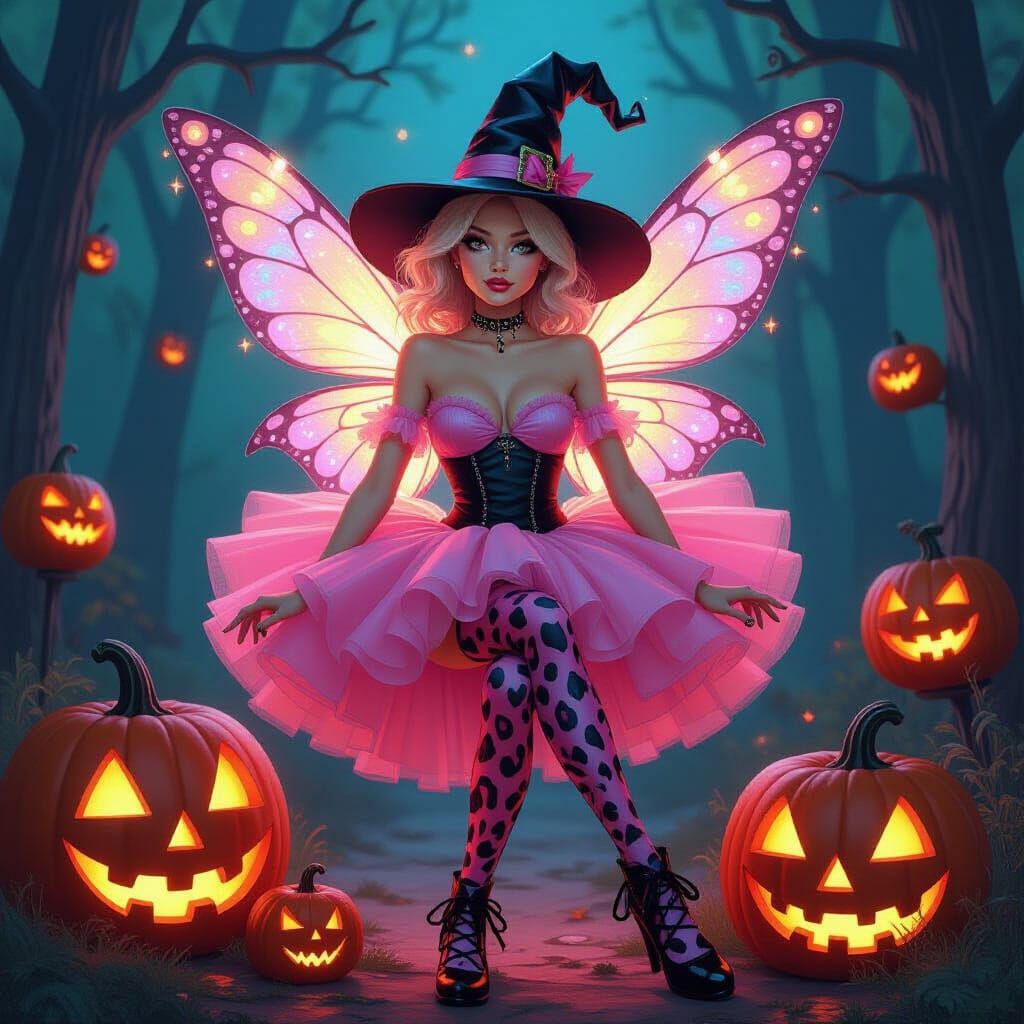 Whimsical Fairy Witch with Jack-o-Lanterns in Pop Surrealism