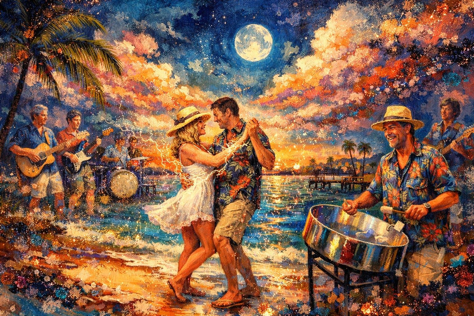 Surreal Florida Beach Scene with Dancing Couple and Musician...
