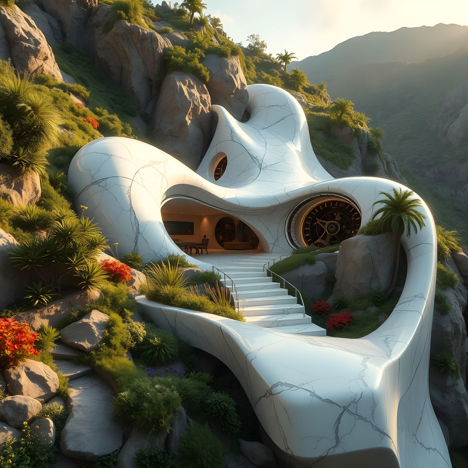 A cavernous, open-concept eco-dwelling with smooth, flowing curves of glassy white marble seamlessly emerges from an ear...