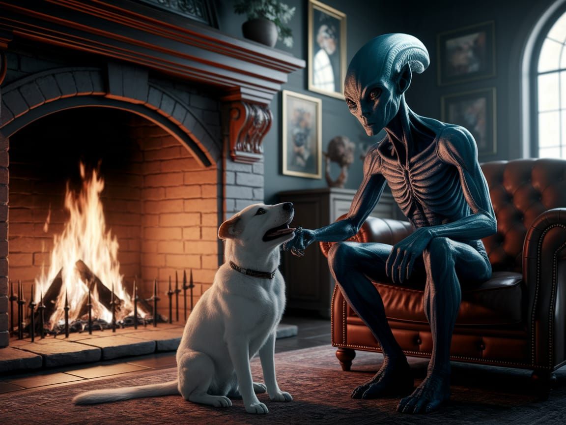 Alien Gentleman Ponders His Human Companion by the Fireplace