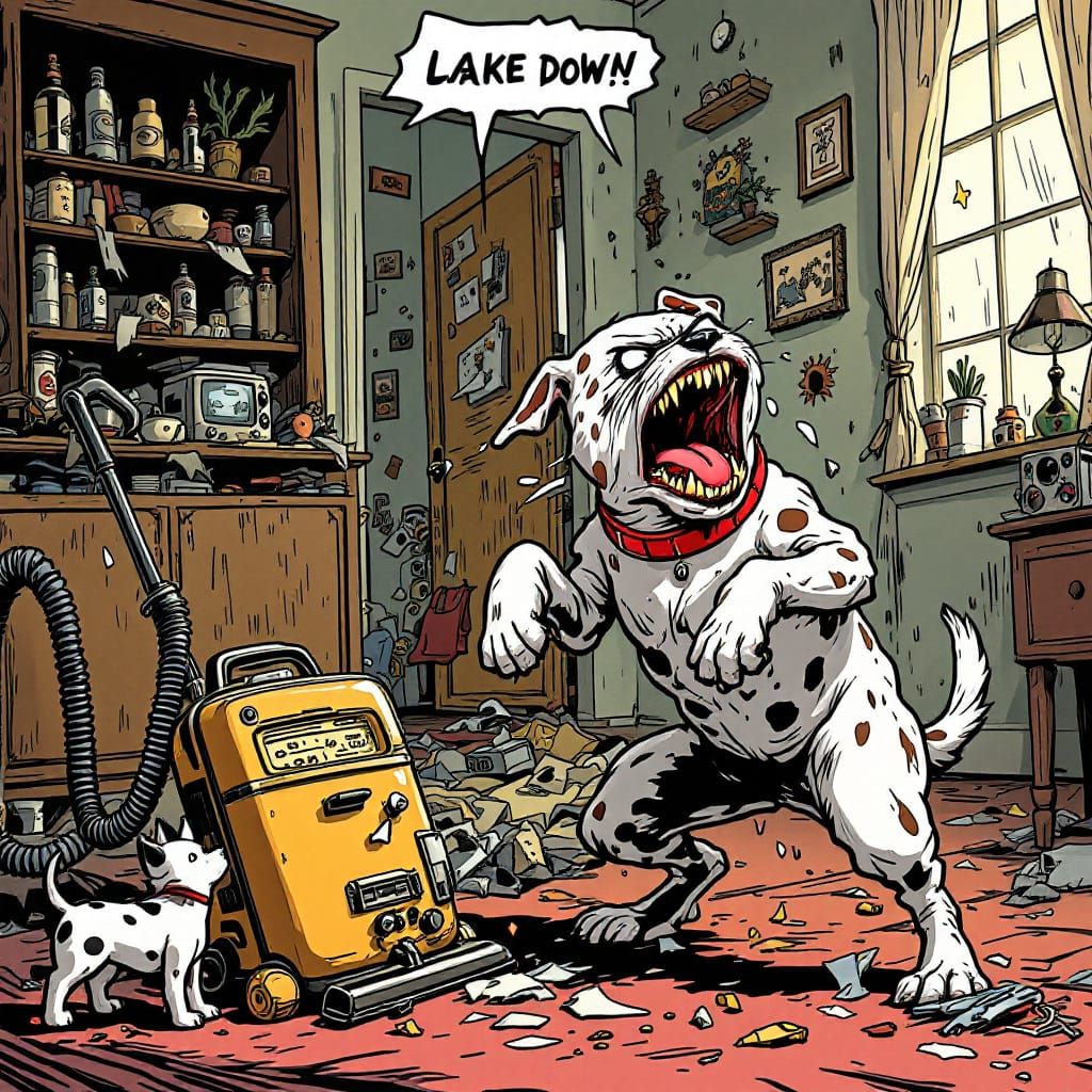 Furious Dog Attacks Vintage Vacuum in Cartoon Chaos