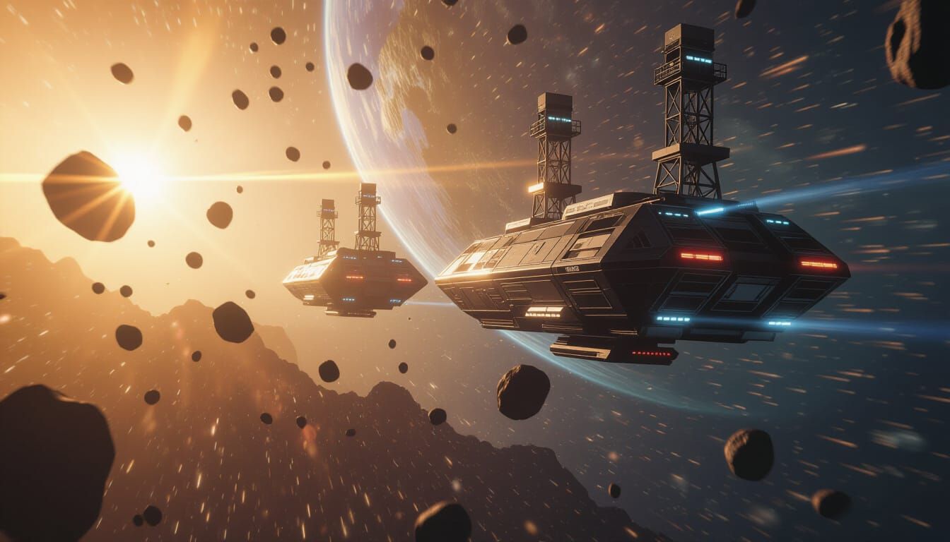 Glowing Industrial Stations in Asteroid Belt: Cinematic Acti...