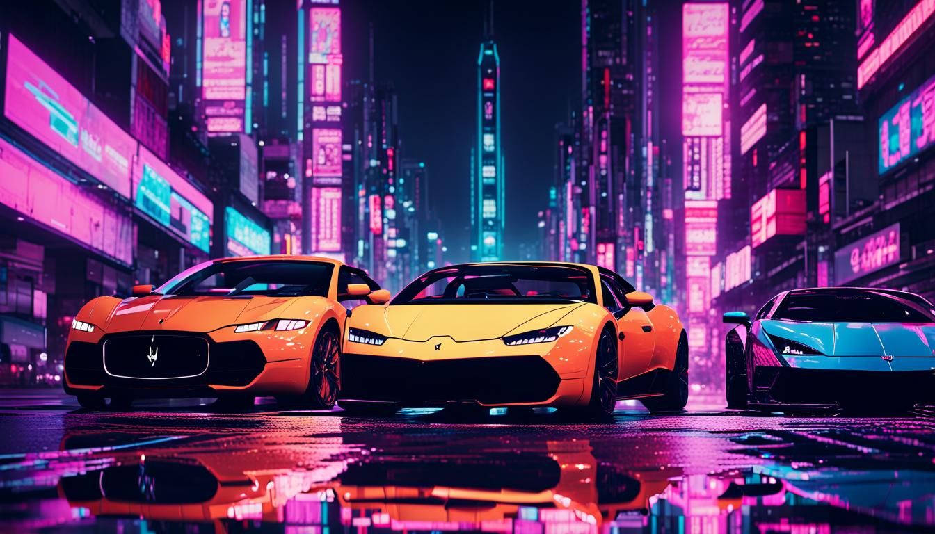 Retro Futuristic Sports Cars in Cyberpunk Cityscape