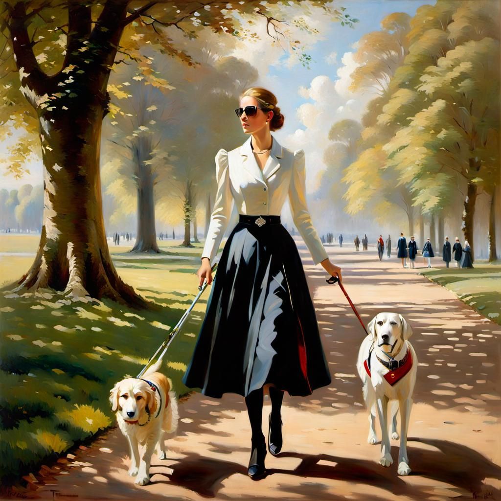 Blind Girl Walking in Park: Oil Painting