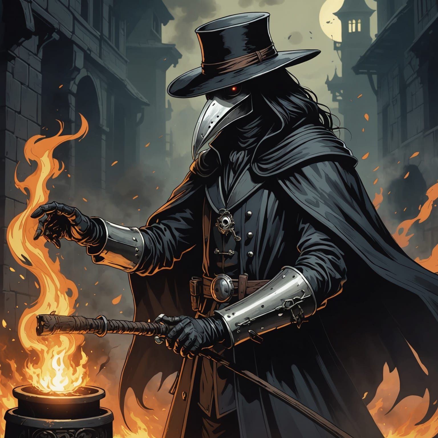 Plague Doctor Casting Fireball in Anime Style
