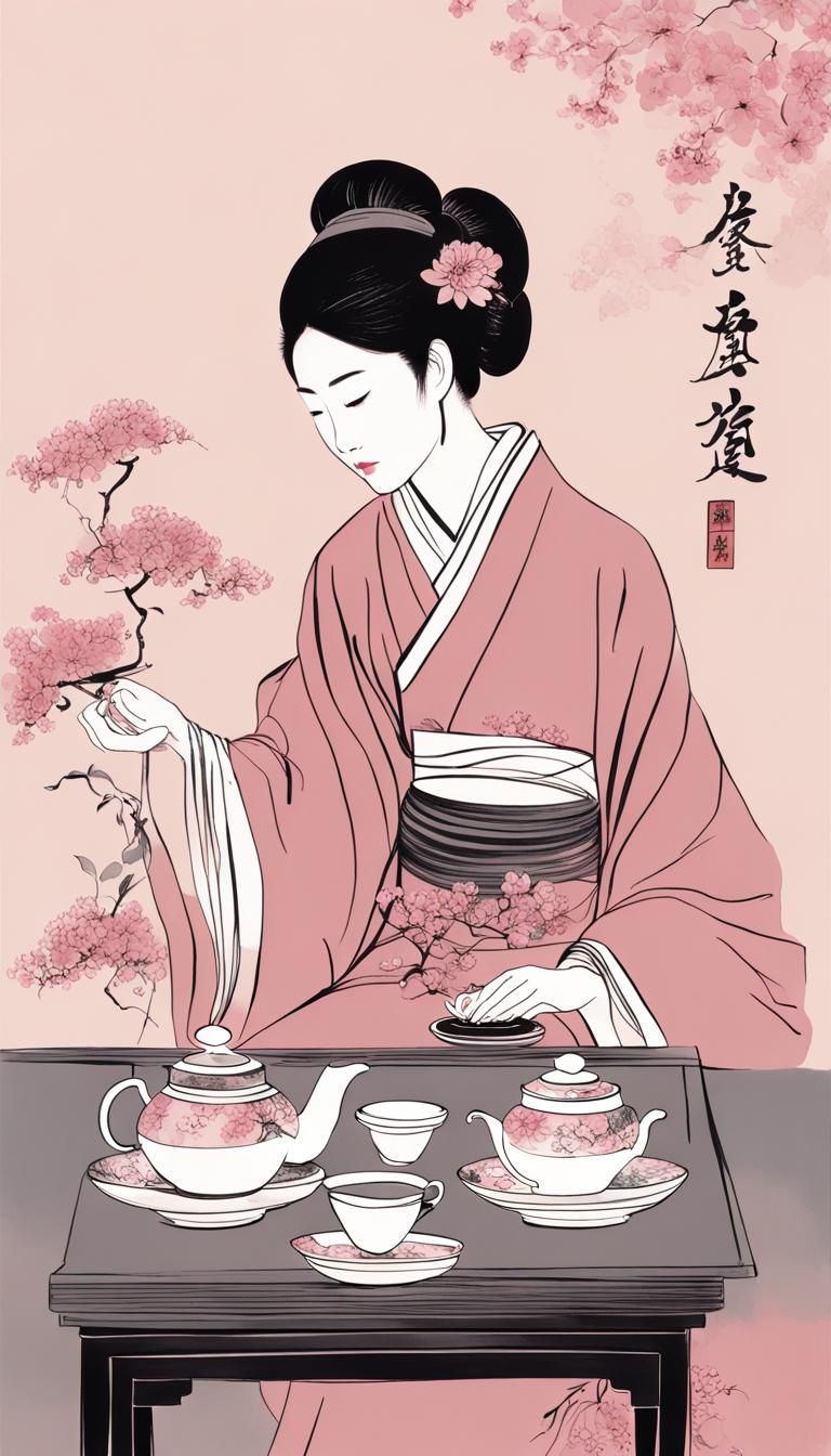 Minimalist Chinese Ink Painting of Lady Enjoying Tea