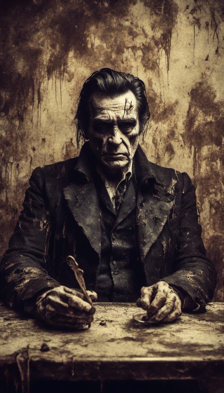 Macabre Johnny Cash Drinking at Bar