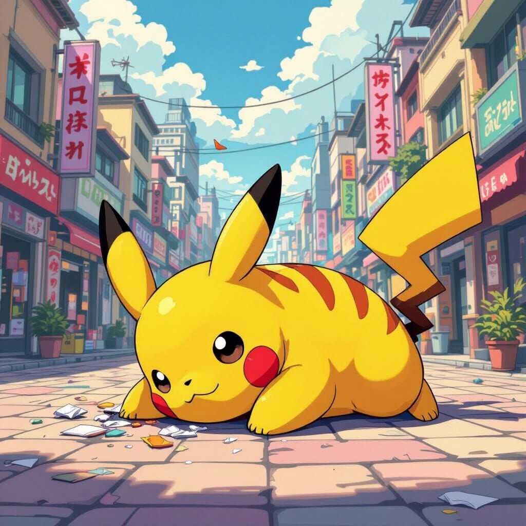 Pikachu Collapses in Vibrant City Square Illustration