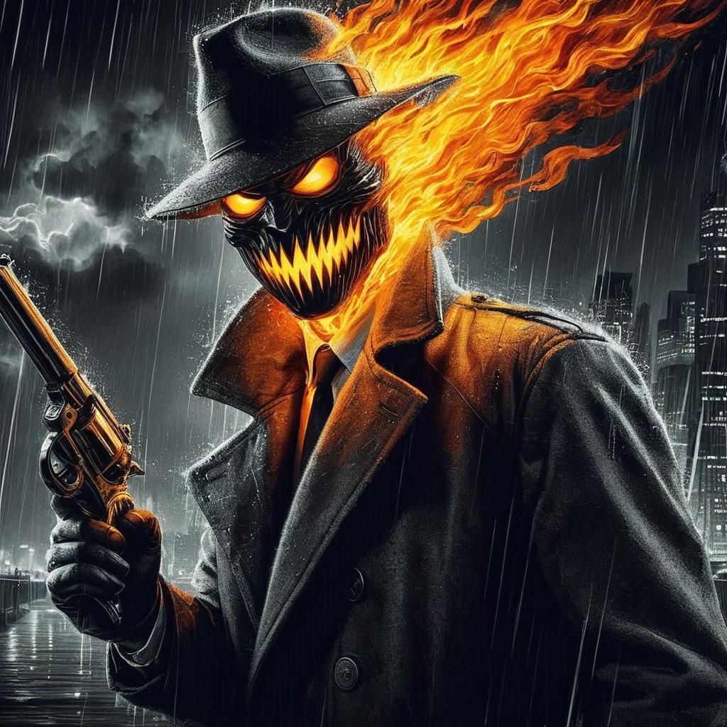 Fiery Detective in Noir Chicago, Pulp Comic Art