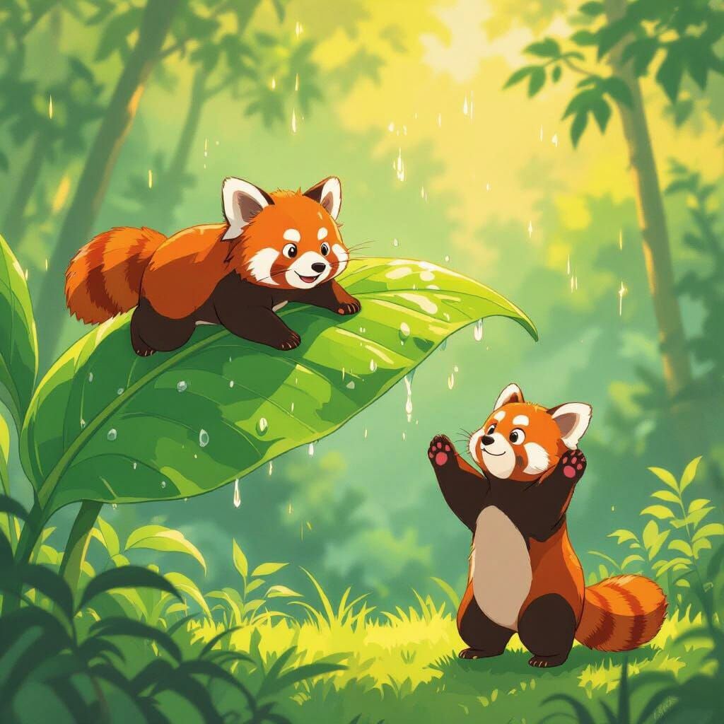 Red Pandas Sliding Down Giant Leaf in Anime Style