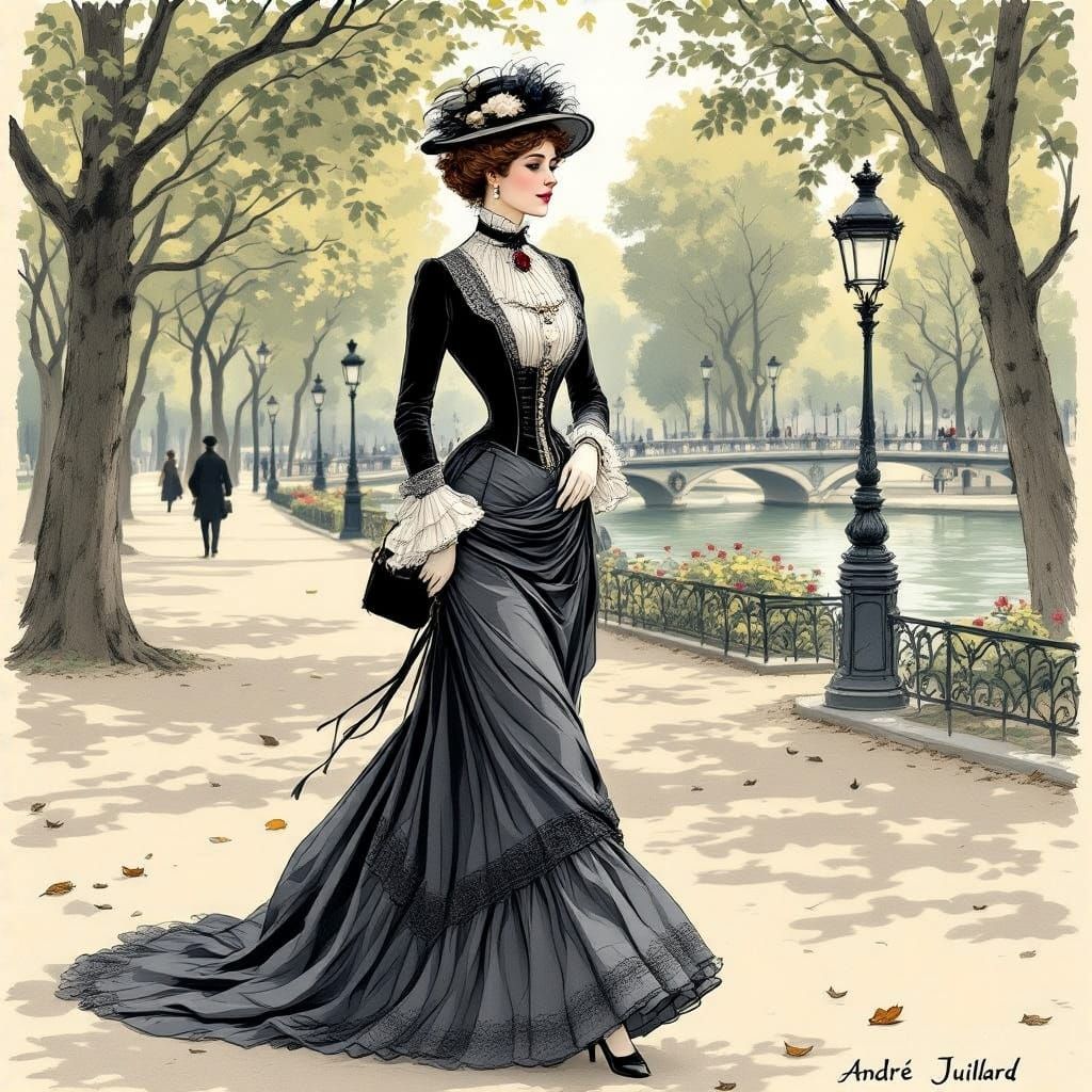Woman in Belle Époque Attire Strolls through Parisian Park