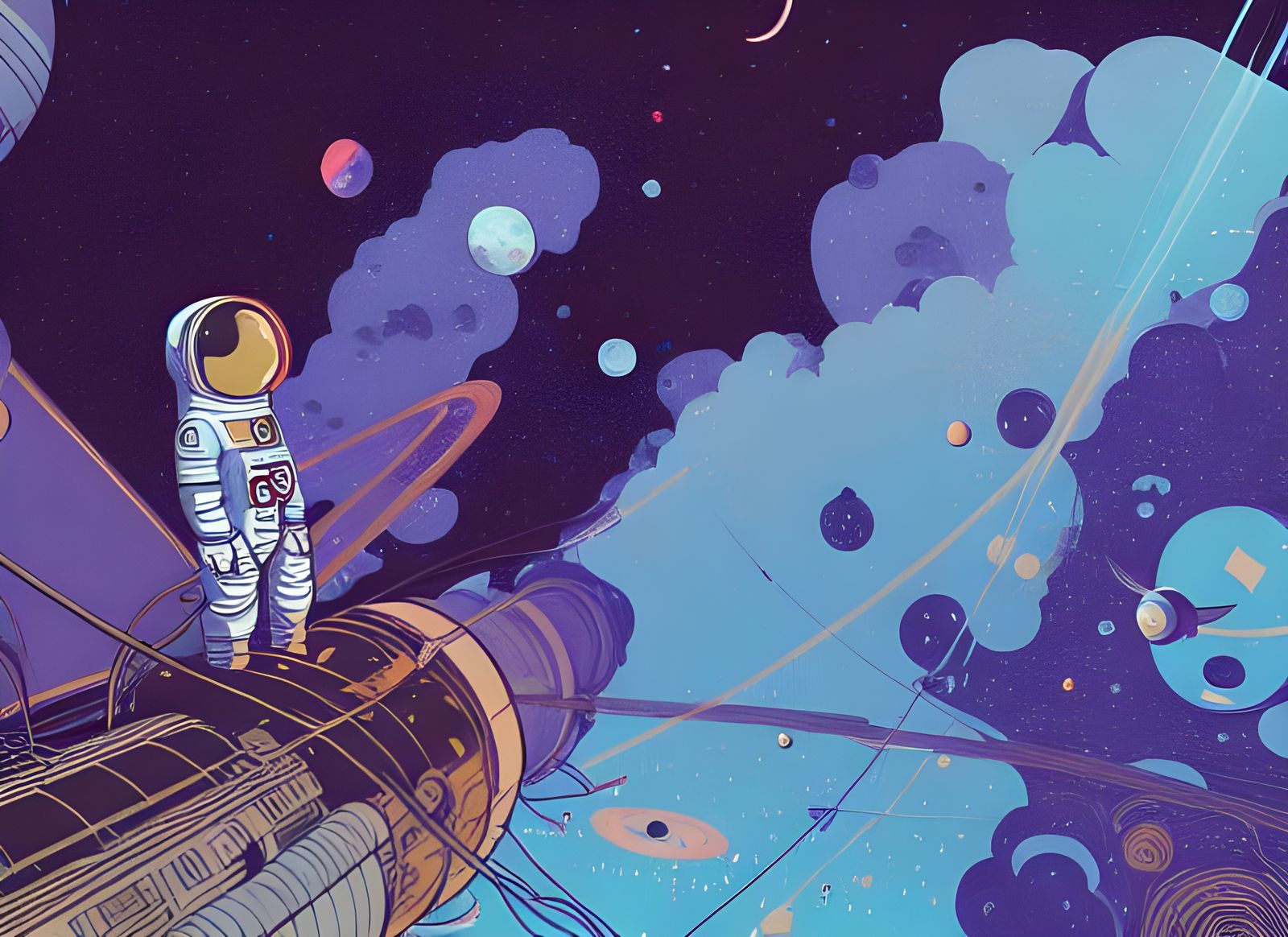 Astronaut Among Nebulas and Planets