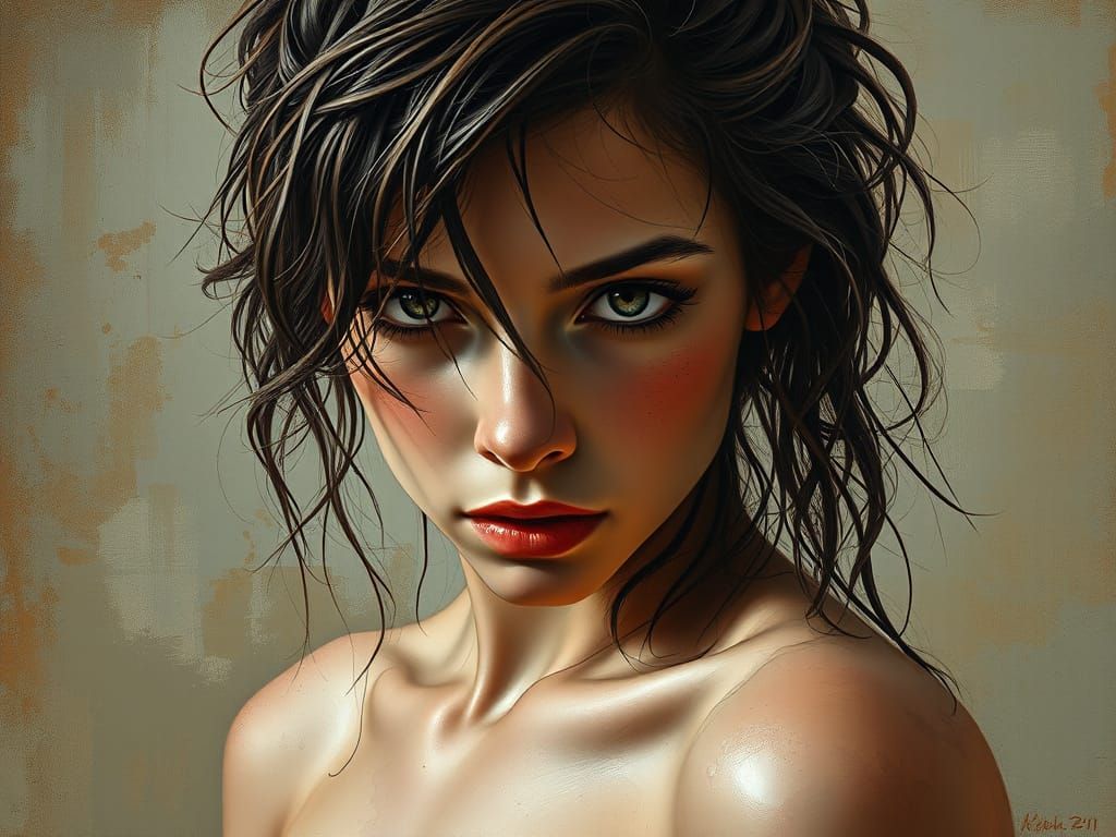 Sensual Oil Painting of a Young Woman with Wet Hair