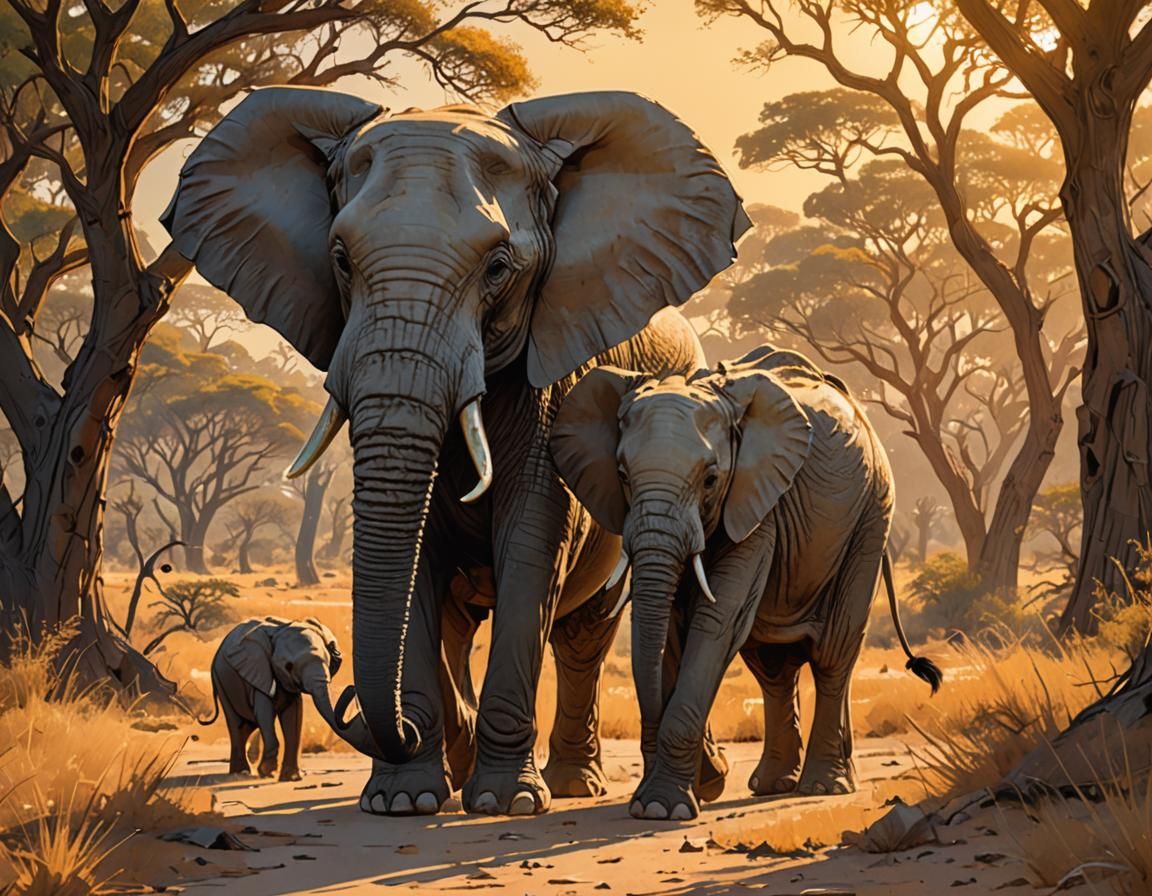 Elephant Family on Savannah, Fantasy Art Style