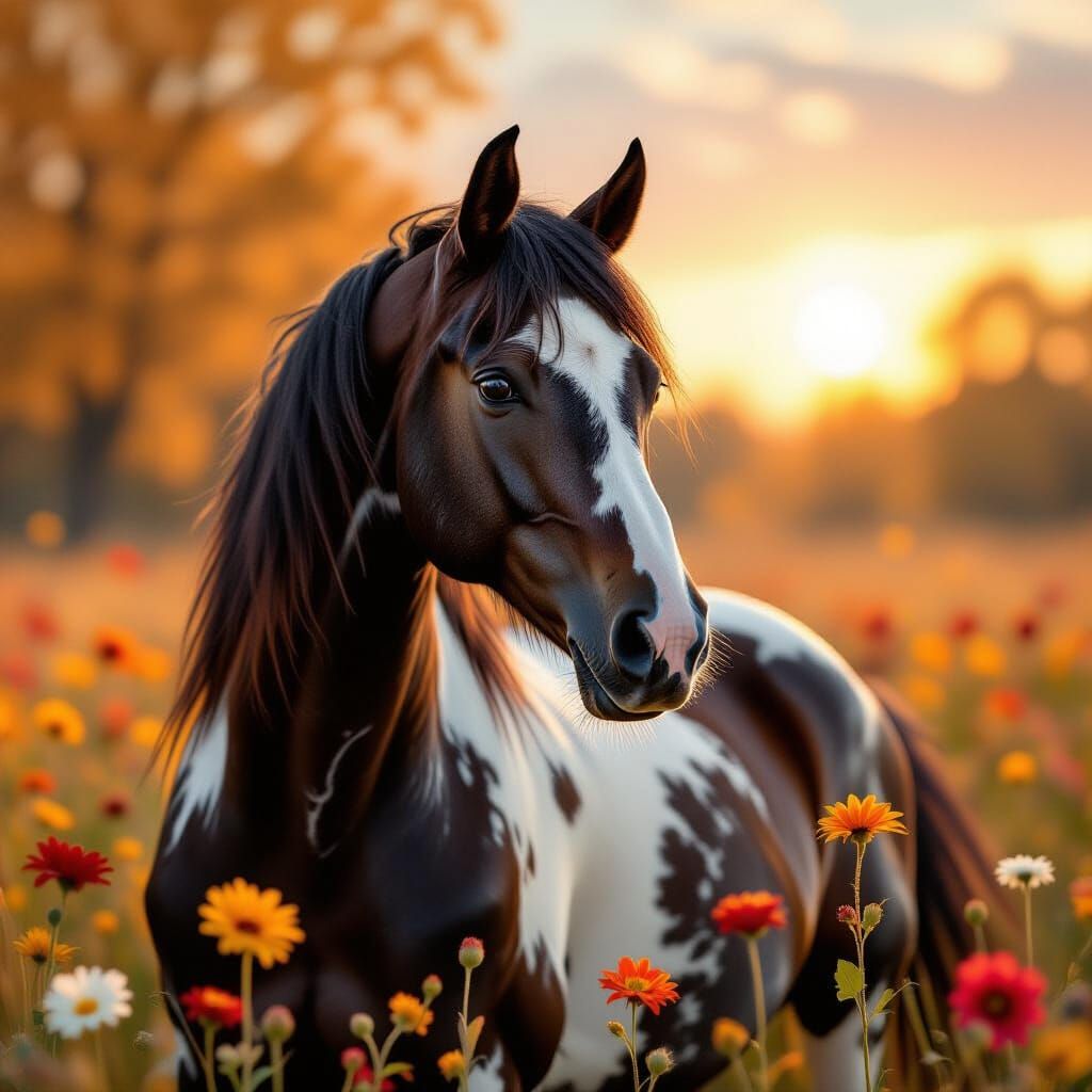 Majestic Dappled Horse in Autumnal Flower Field