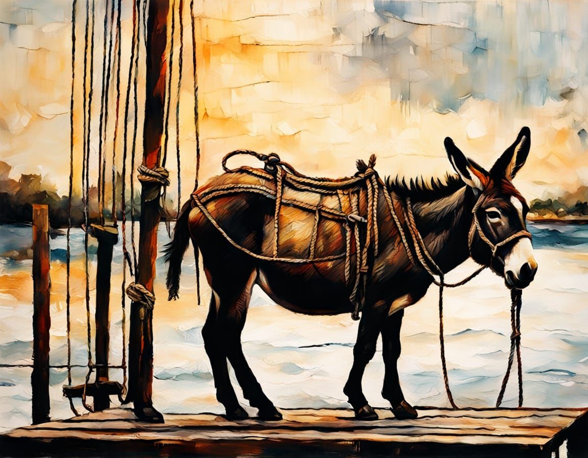 Encaustic Donkey on Dock in Warm Golden Light