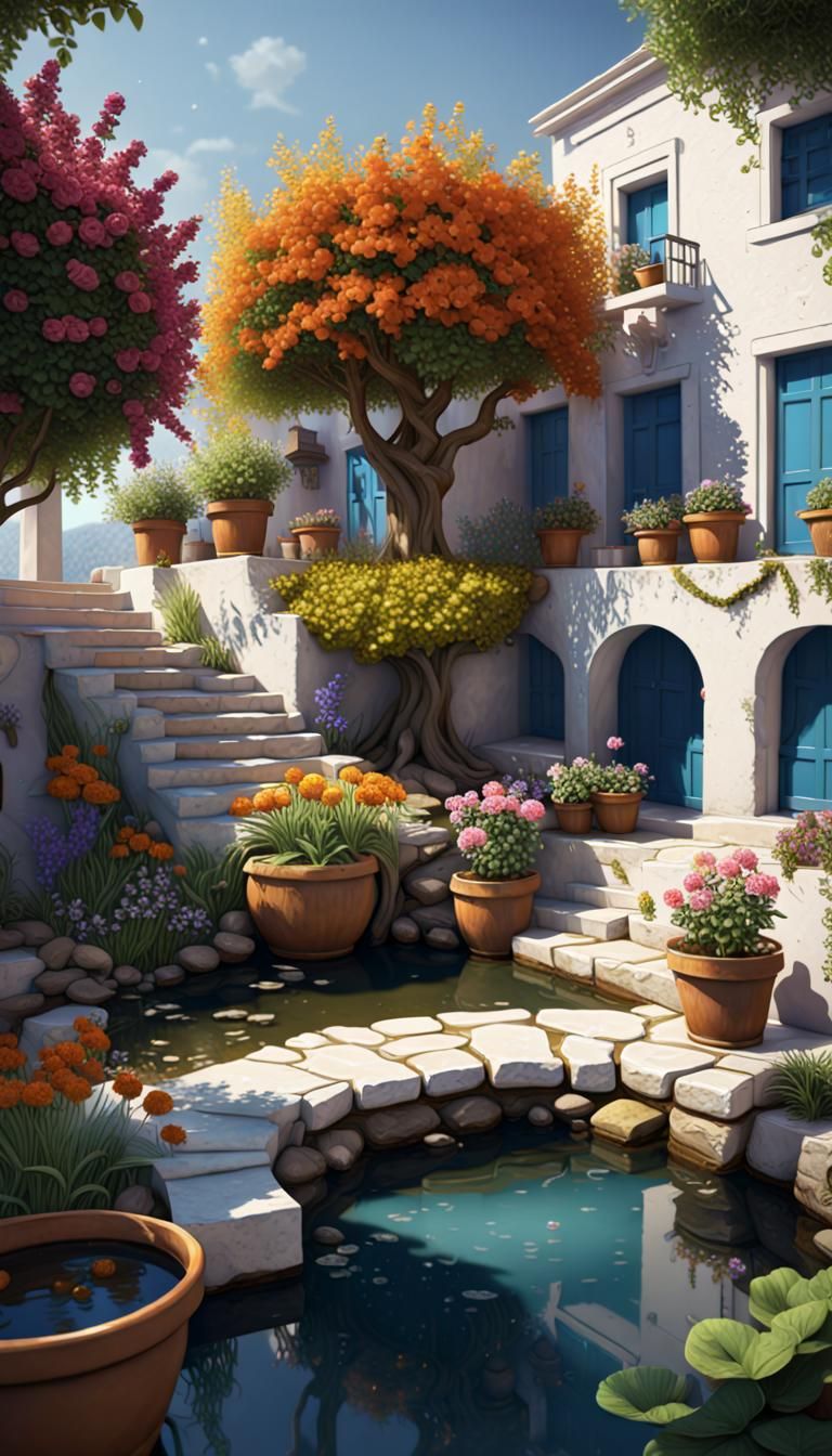 Greek House and Garden in Detailed Matte Painting