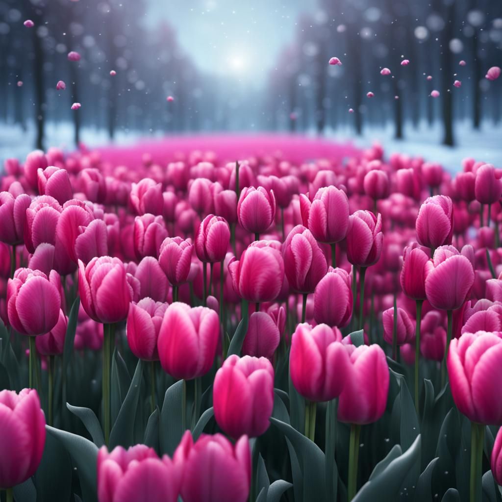 Macro Pink Tulips Against Winter, Detailed Digital Art