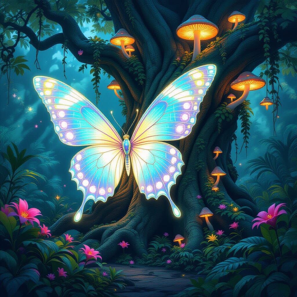 Giant Bioluminescent Butterfly on Ancient Tree in Lush Jungl...