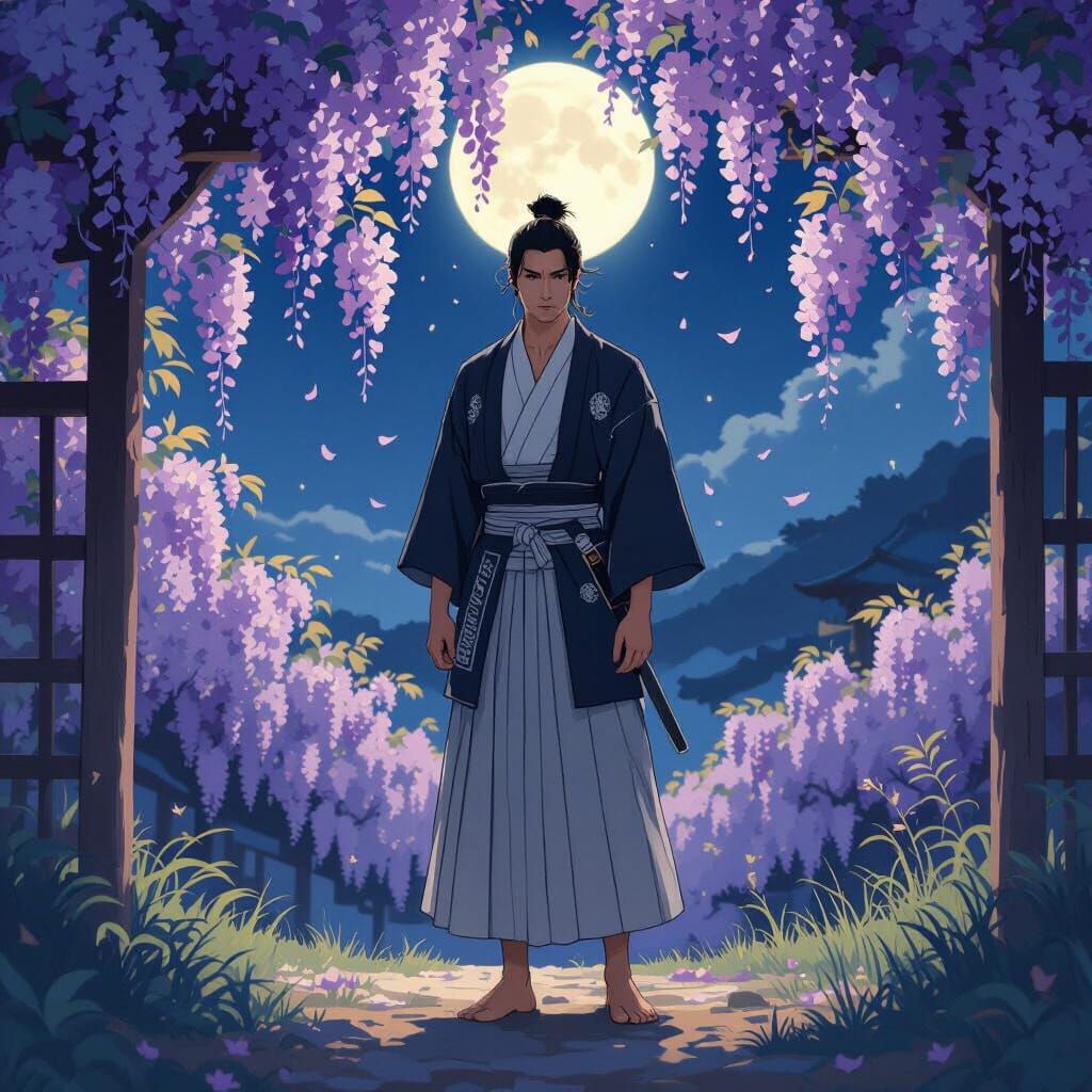 Man in Hakama Under Wisteria, Yamato-e Style
