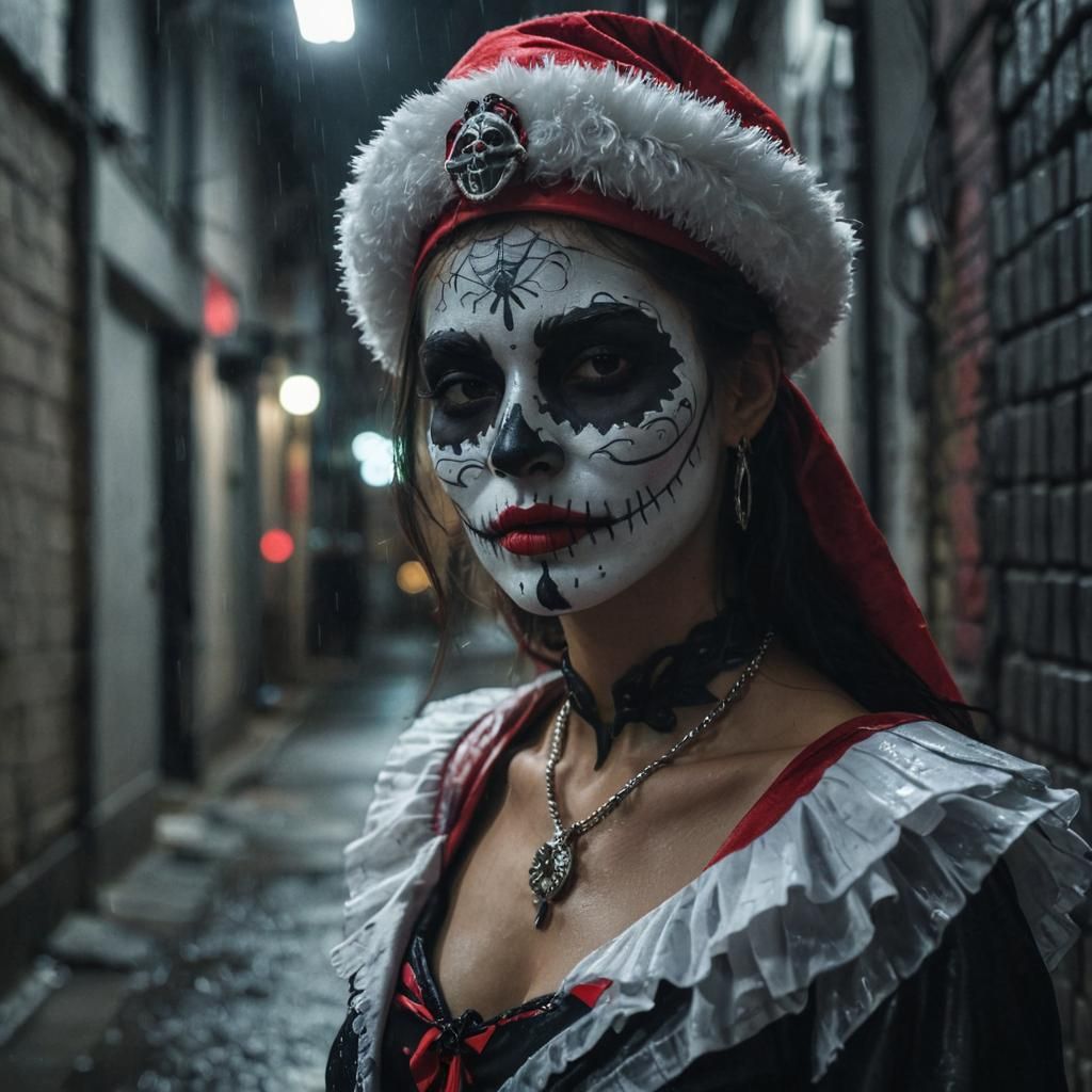 Cyberpunk Catrina Portrait in Rainy Cityscape