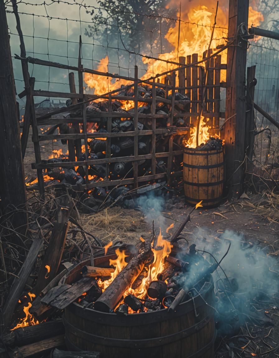 Eerie Film Still: Burning Barrel and Lurking Monsters