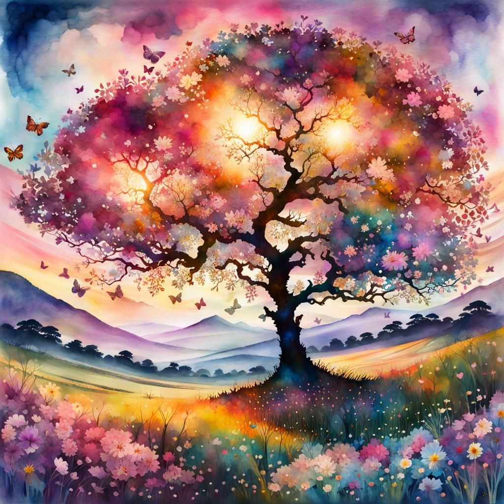 Cosmic Tree of Life: Digital Watercolor Summerscape