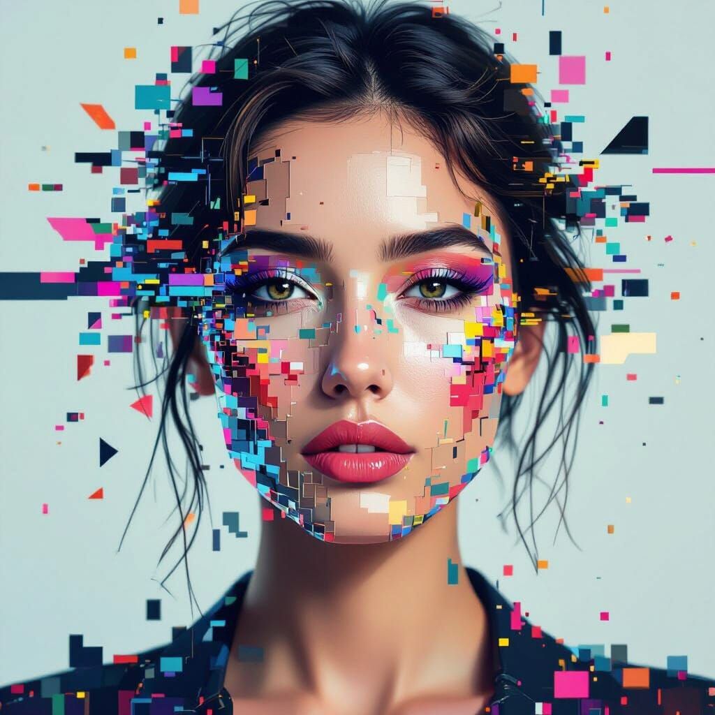 Glitch Art Portrait: Woman in Pixel Mosaic