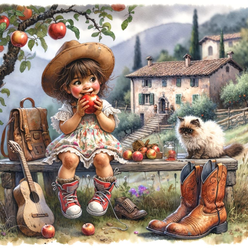 Whimsical Girl with Apple in Watercolor Orchard Scene