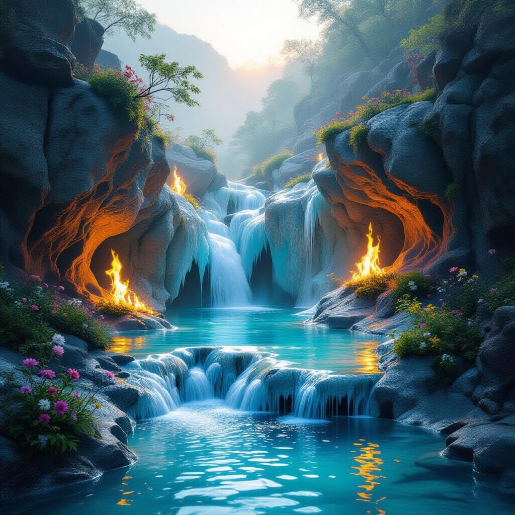 Surreal Rock Formation: Water to Ice to Flame Landscape