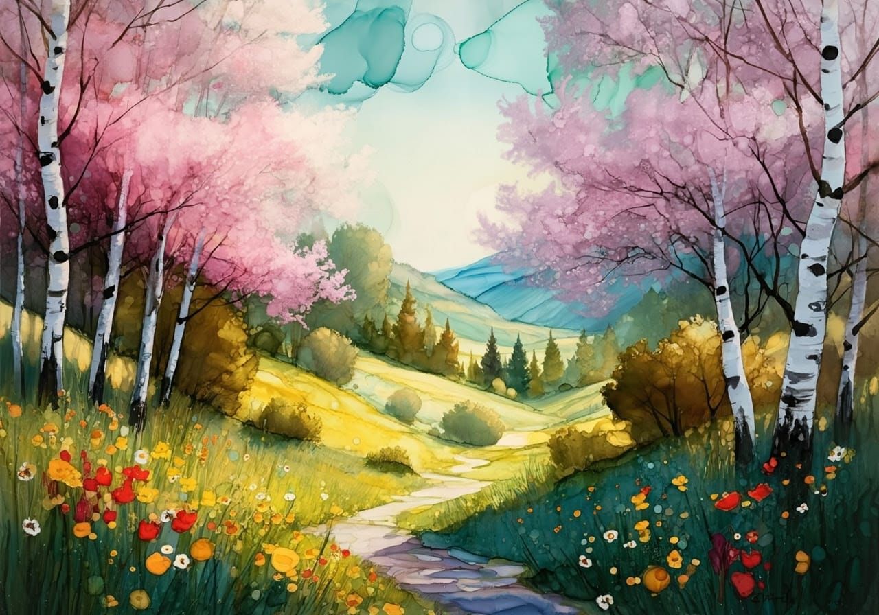 Vibrant Spring Valley in Whimsical Watercolor Style