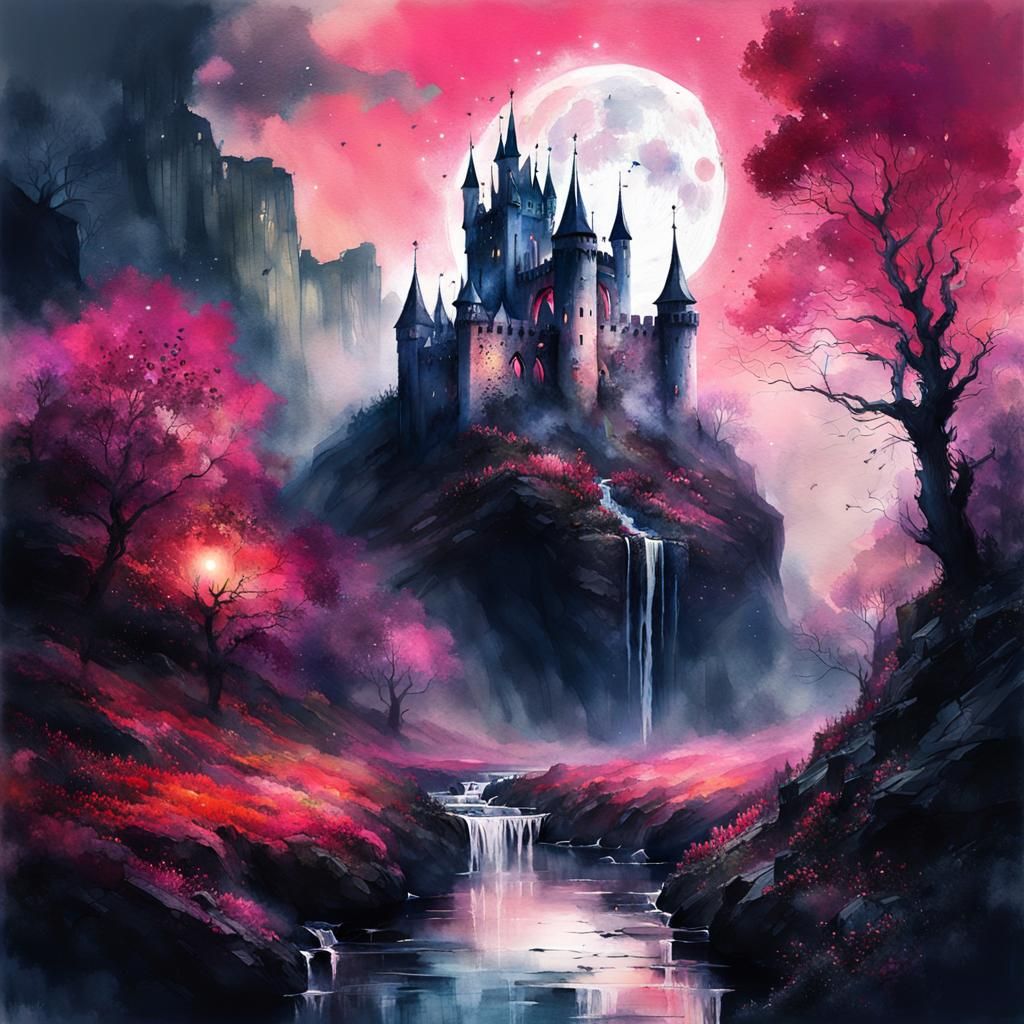 Upside Down Gothic Castle with Blood Moon