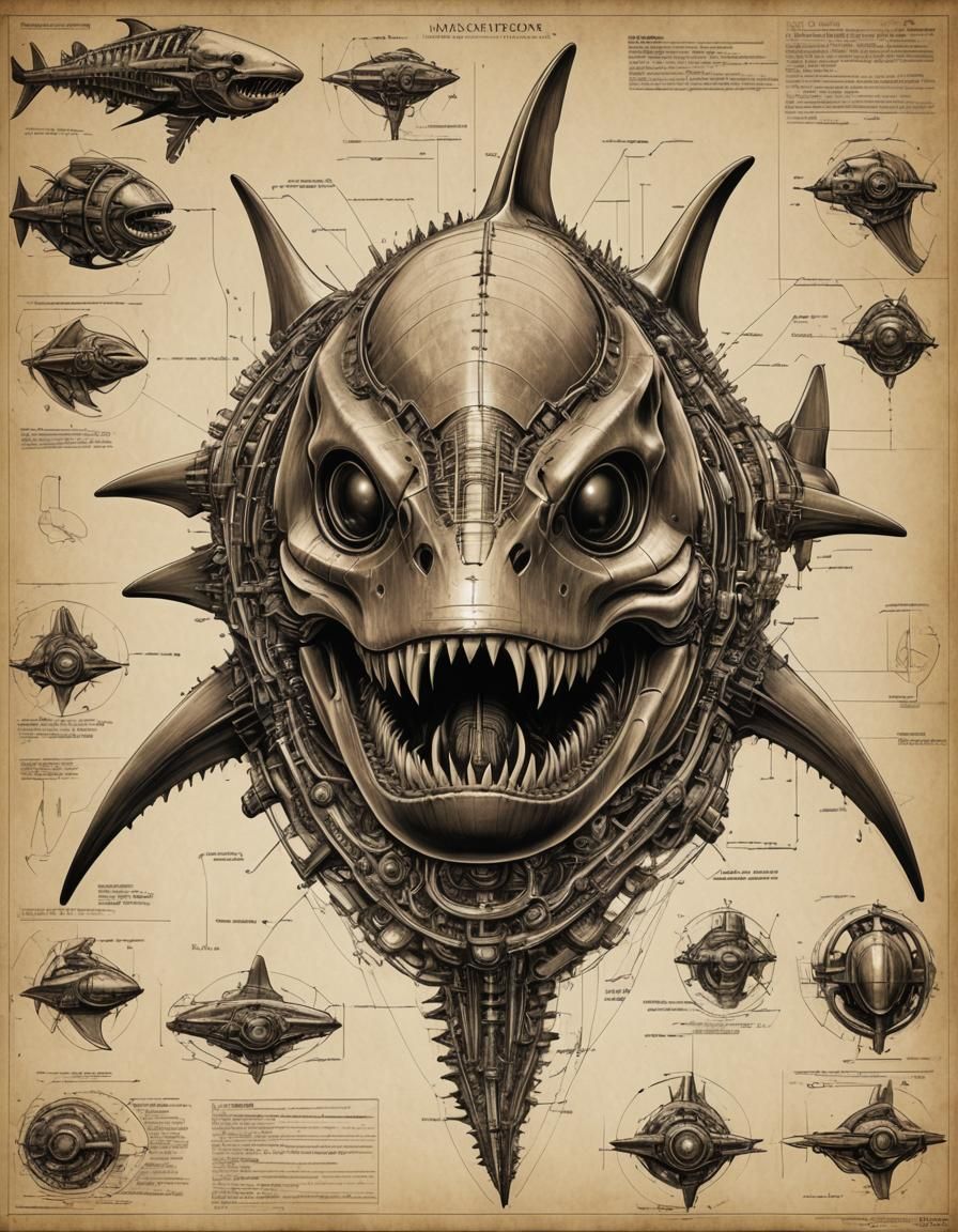 Cybernetic Megalodon Dissection Diagram in Sepia Tones