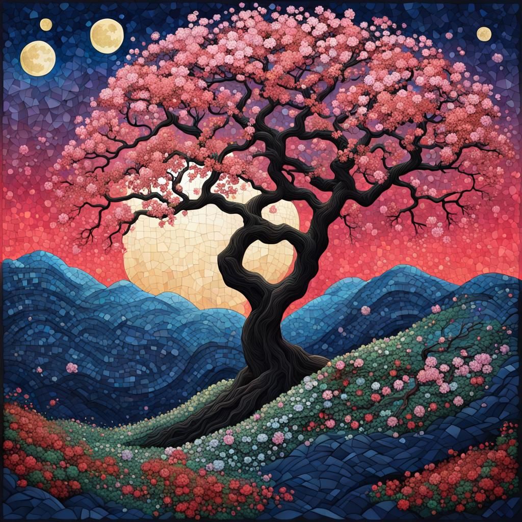 Mosaic Sakura Tree Landscape in Geometric Style