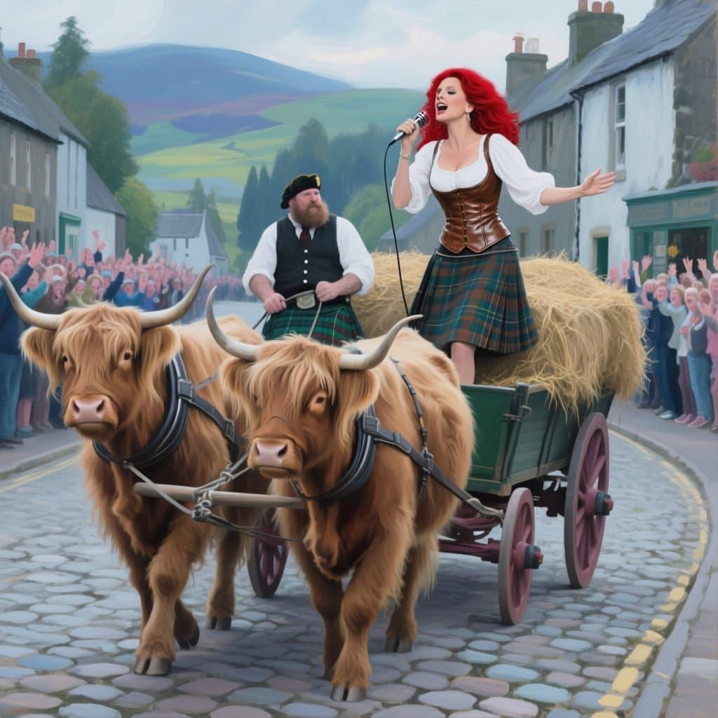 Reba McEntire Sings on Hay Wagon in Scottish Village