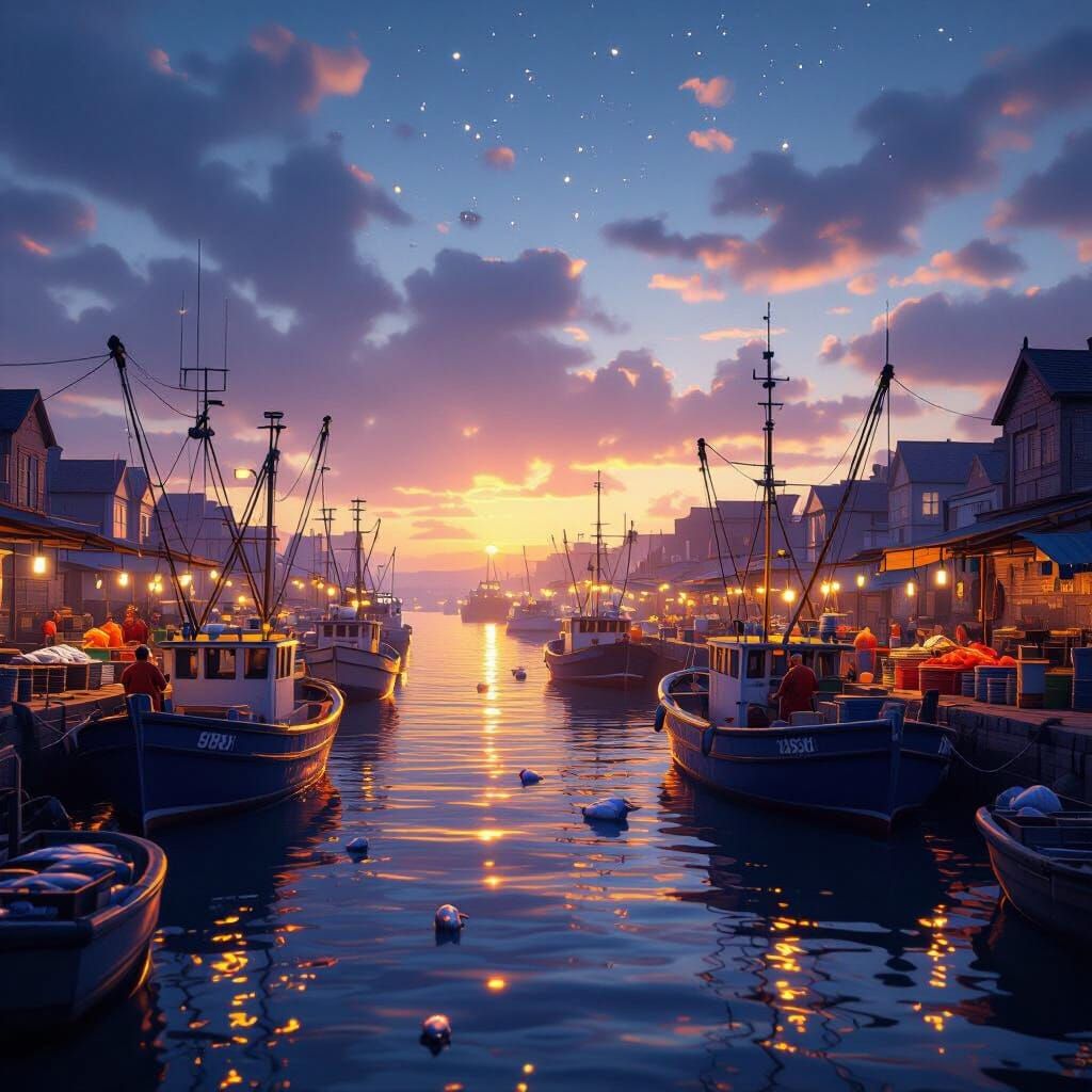 Vibrant Coastal Harbor at Sunrise in 3D