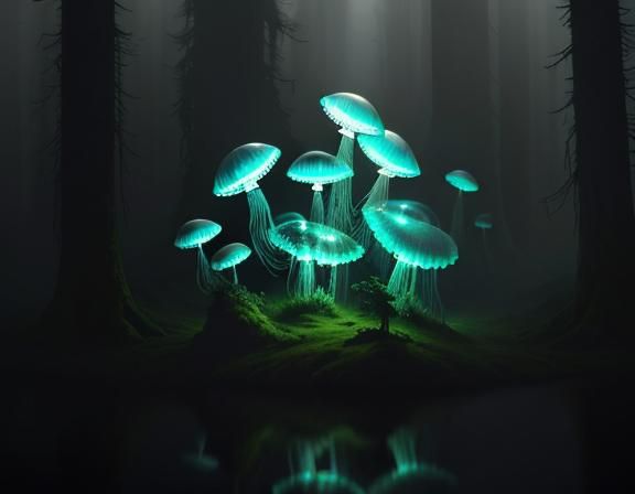 Eerie Landscape with Jellyfish and Toadstools