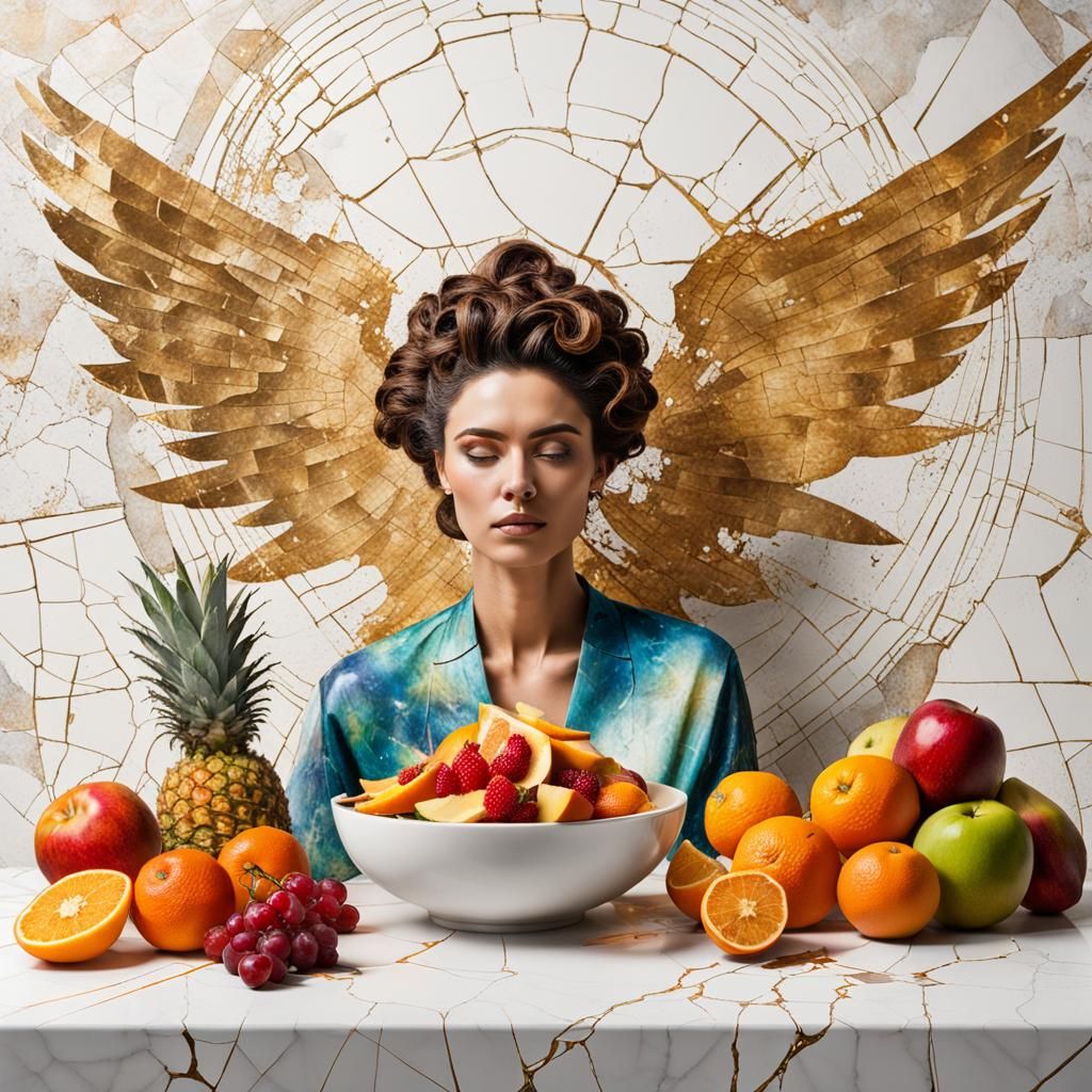 Celestial Archangel in Minimalist Kintsugi Mural Style