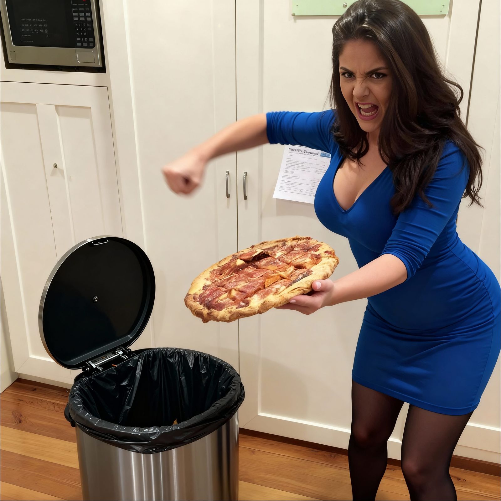 Woman Angrily Discards Pizza into Kitchen Garbage Can