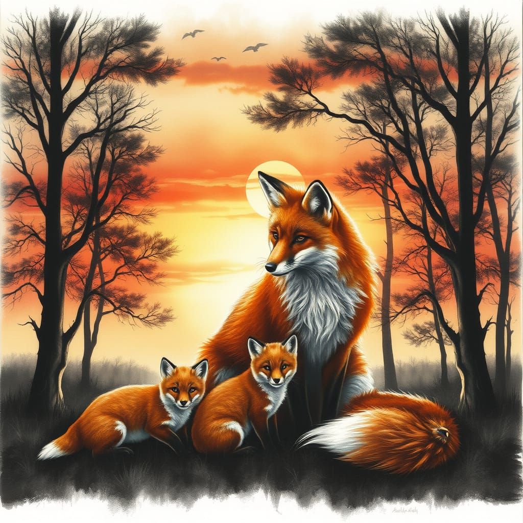 Mystical Fox Mother and Kits at Sunrise Matte Painting