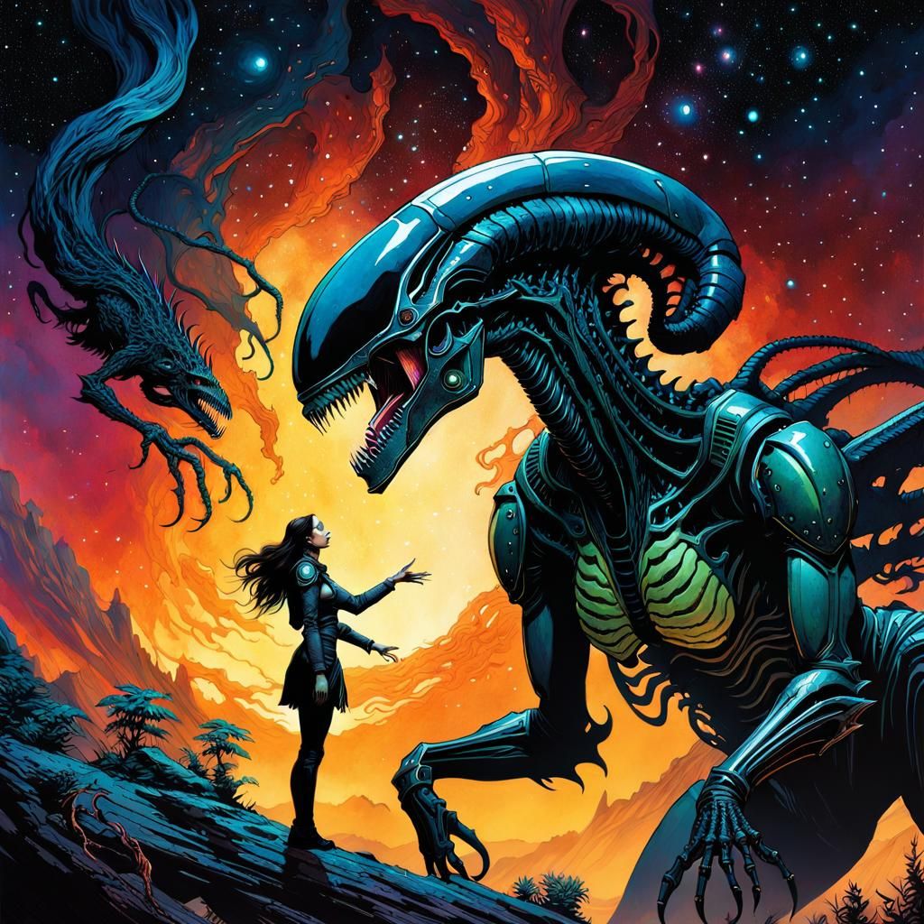 Girl Befriends Xenomorph in Alcohol Ink Style