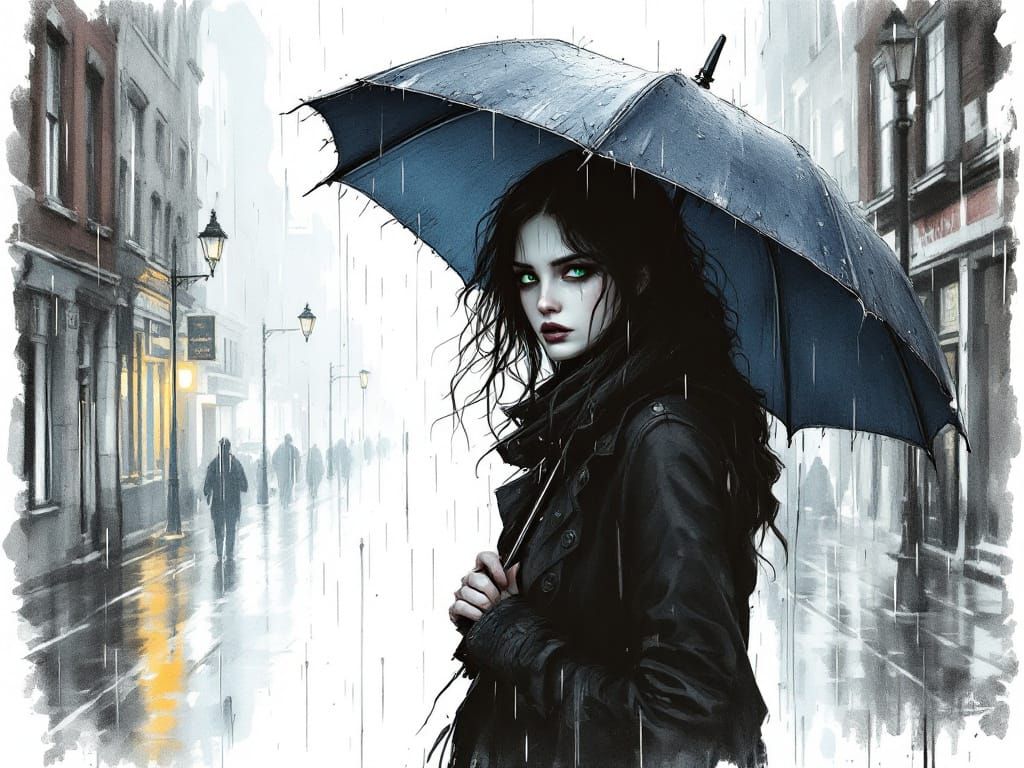 Gothic Woman in Rainy City Street Ink Wash