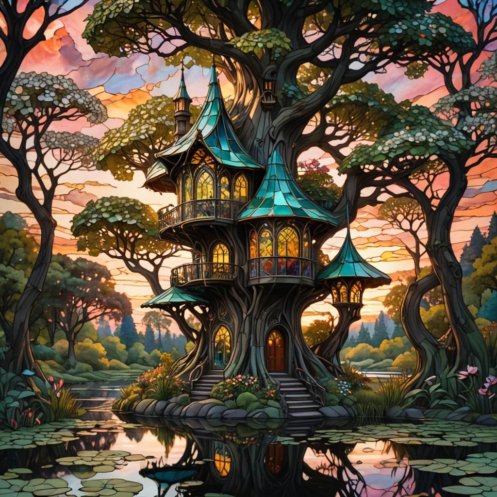 Art nouveau stained glass fairy tree house, with turrets, in...