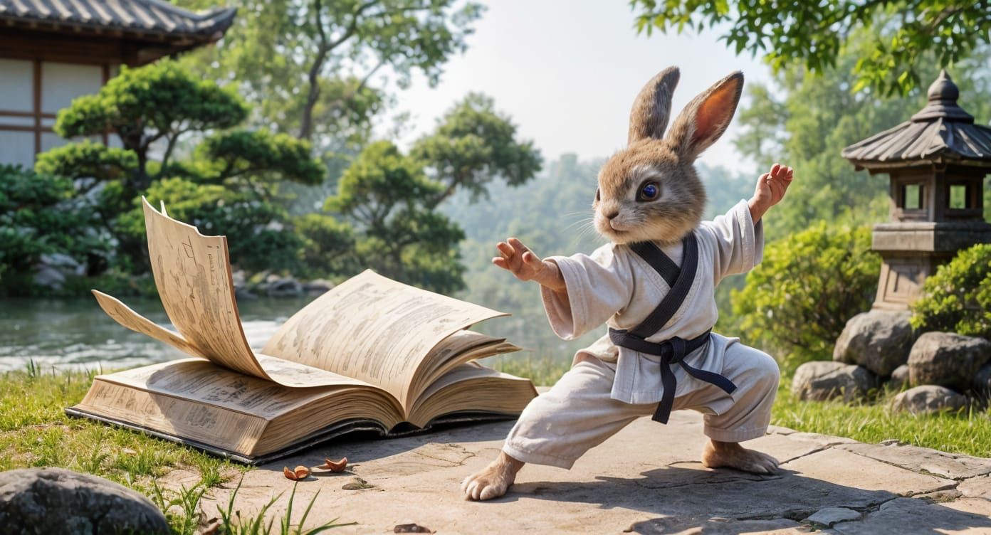Sentient Rabbit Practices Martial Arts in Japanese Garden
